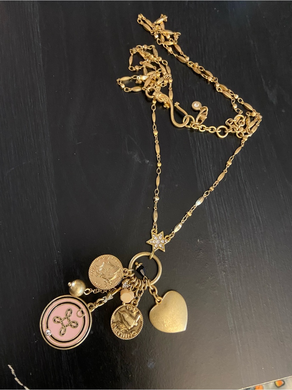 CAbi Gold-Tone Necklace with Pink Enamel Charm and Heart Pendant